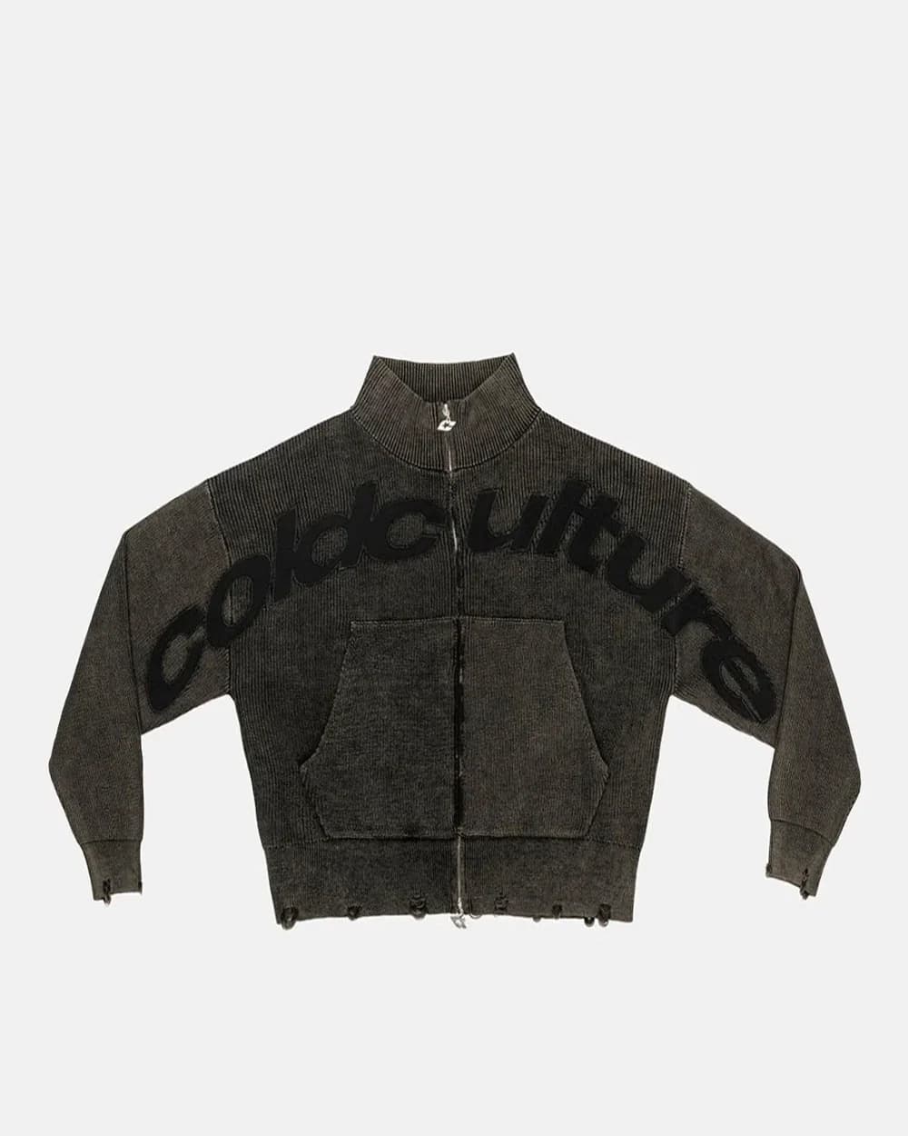 DISTRESS CURVED ZIP KNIT BLACK 2