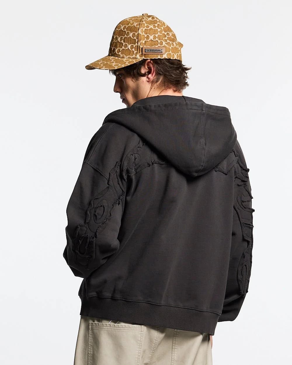 DISTRESS CURVED ZIP HOODIE DARK GREY by COLD CULTURE
