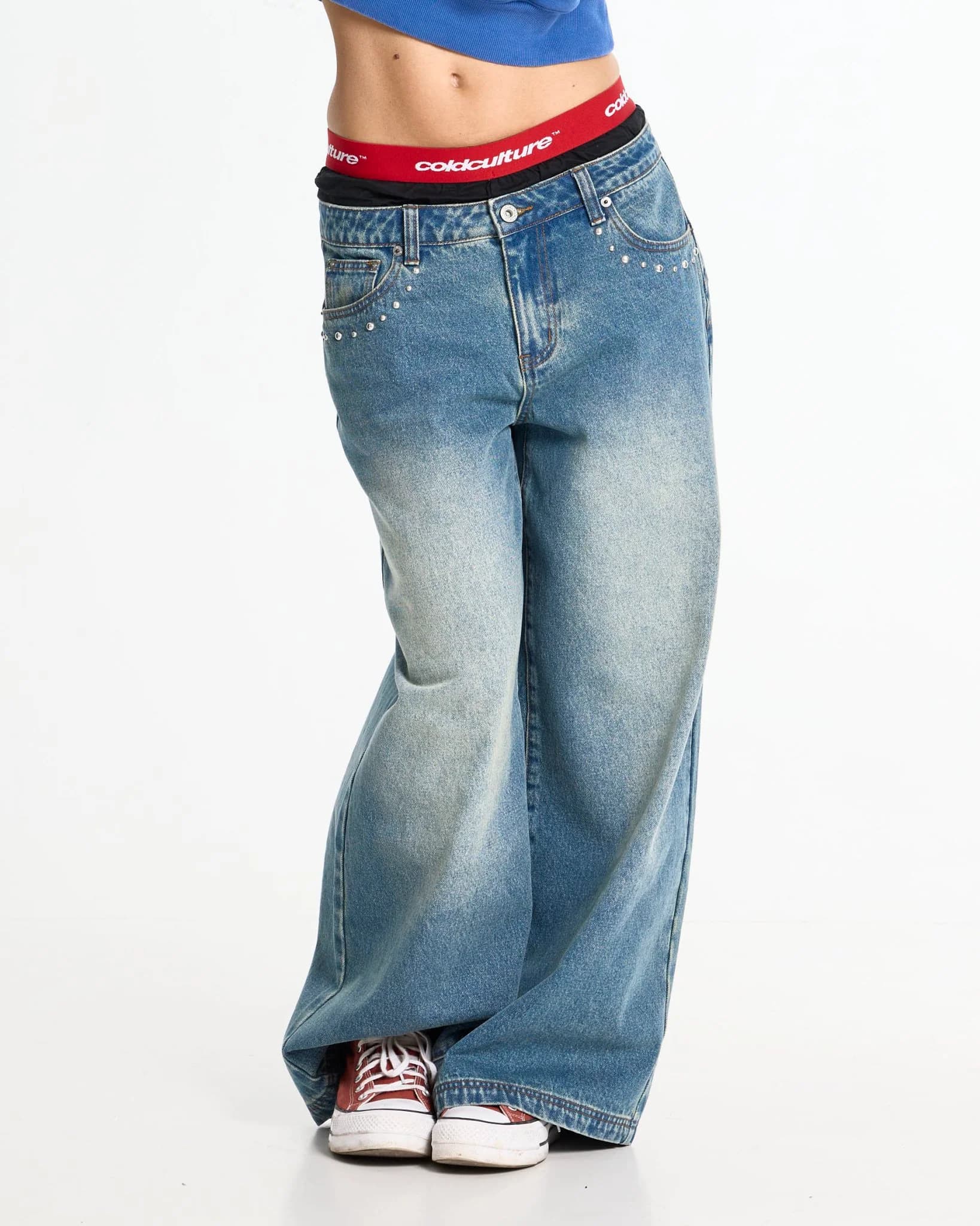DISTRESS CURVED LOOSE PANTS BLUE 8
