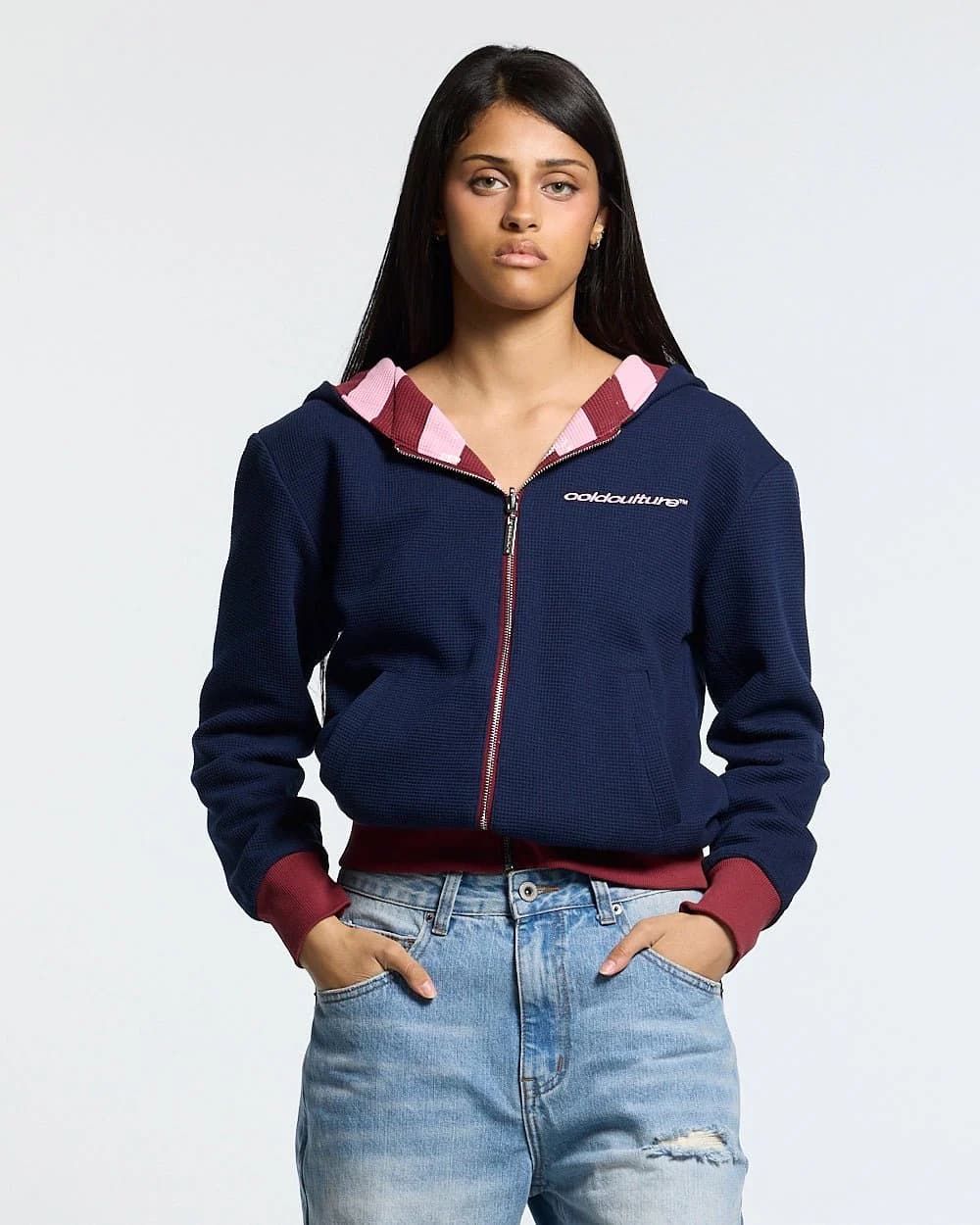 UNTRUE WAFFLE REVERSIBLE ZIP HOODIE PINK 14