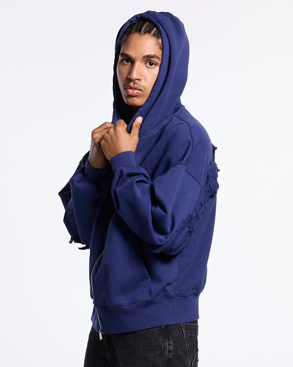 DISTRESS CURVED ZIP HOODIE NAVY 3