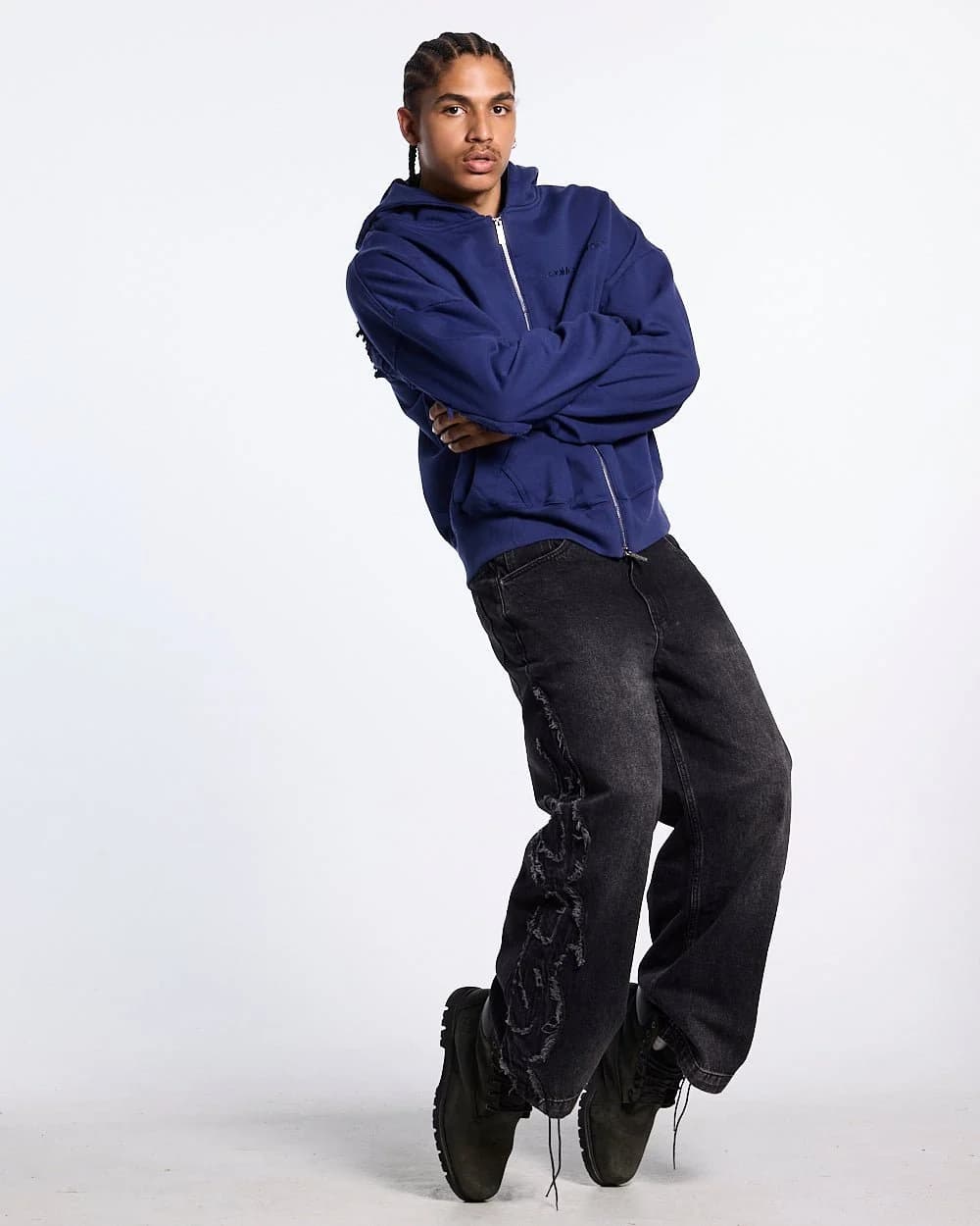 DISTRESS CURVED ZIP HOODIE NAVY 7
