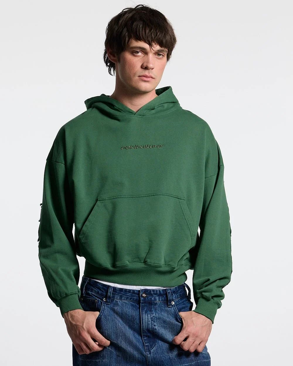 DISTRESS CURVED HOODIE GREEN 3