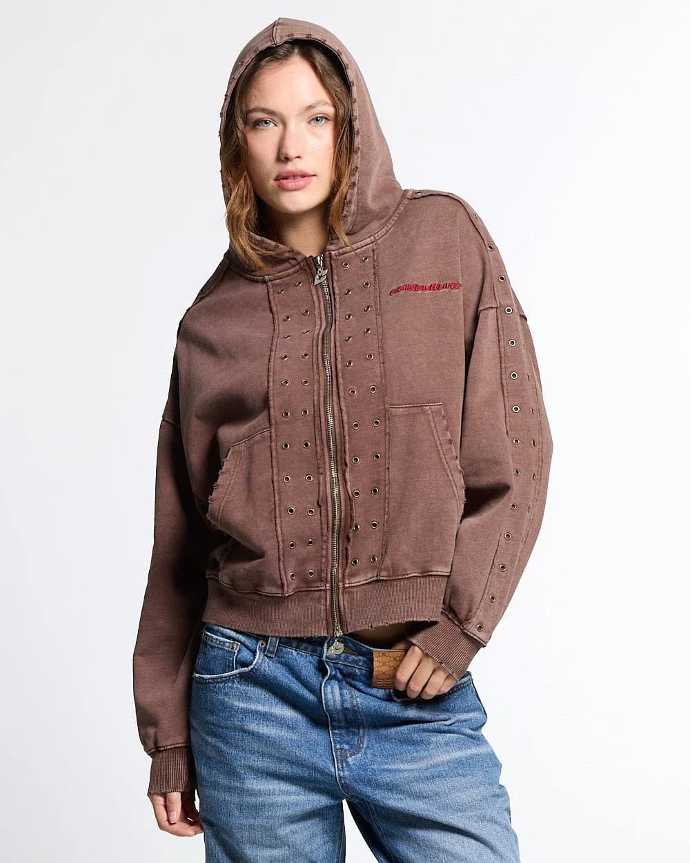 EYELET ZIP HOODIE BROWN 9