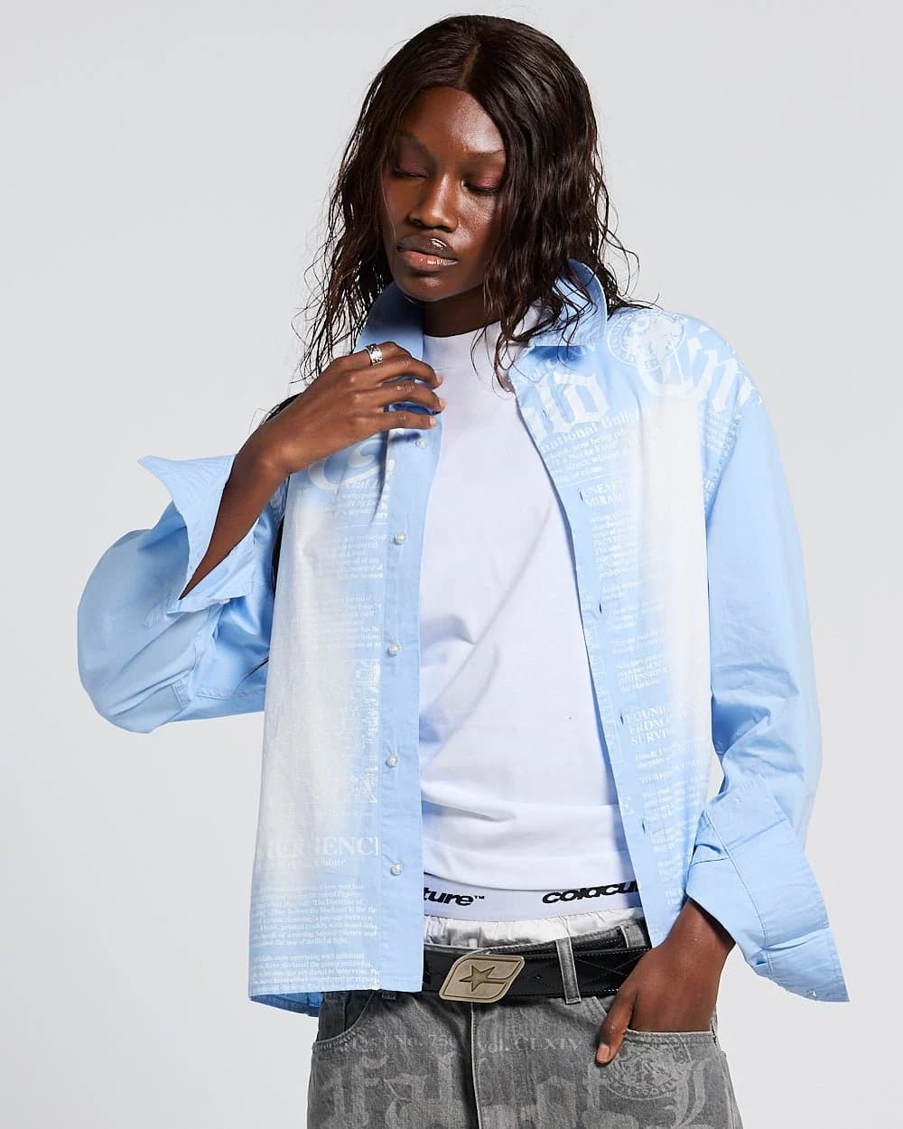 NEWSPAPER LONGSLEEVE SHIRT BABY BLUE by COLD CULTURE
