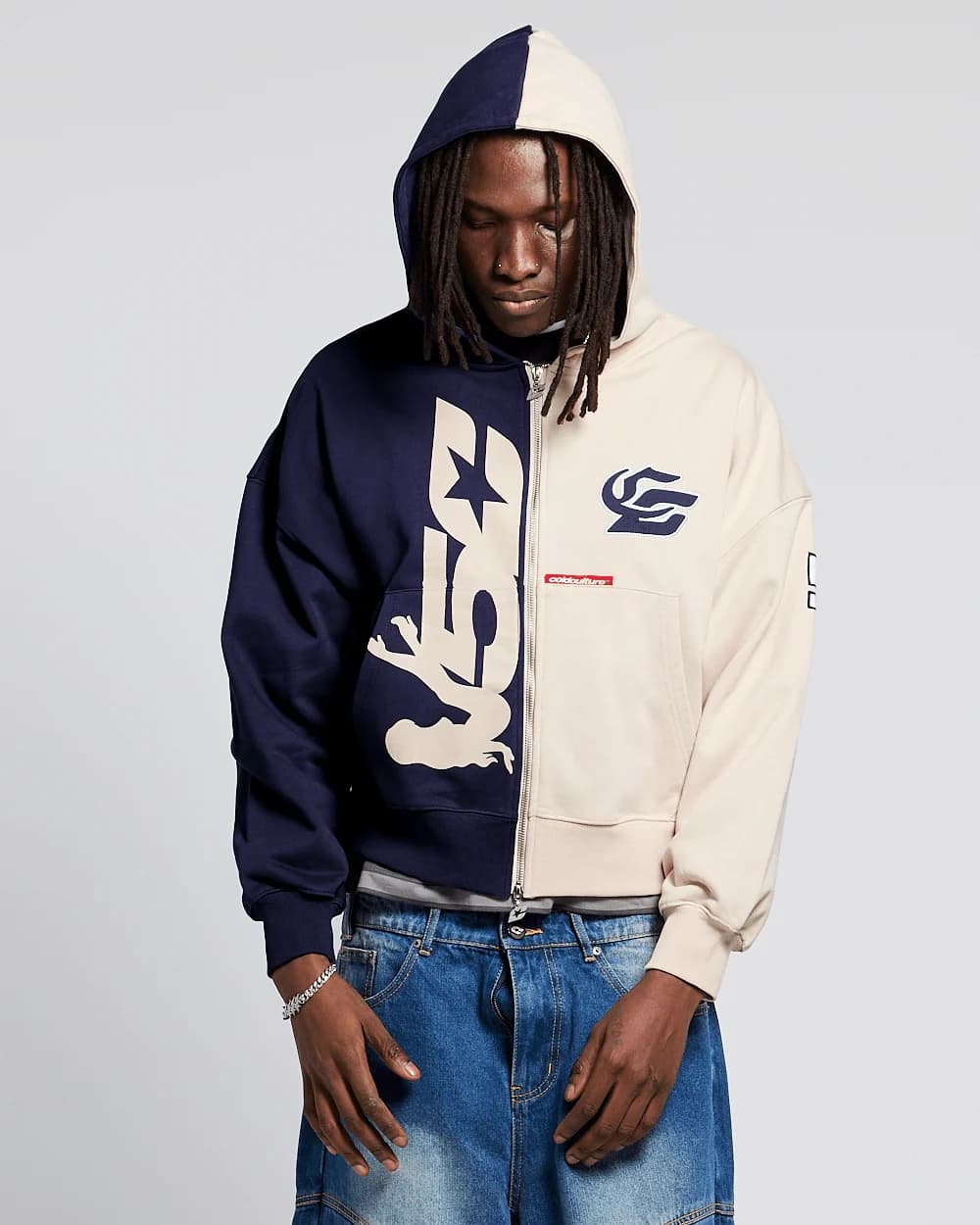 OUTLAW MOOD ZIP HOODIE IVORY GREY & DARK BLUE 2
