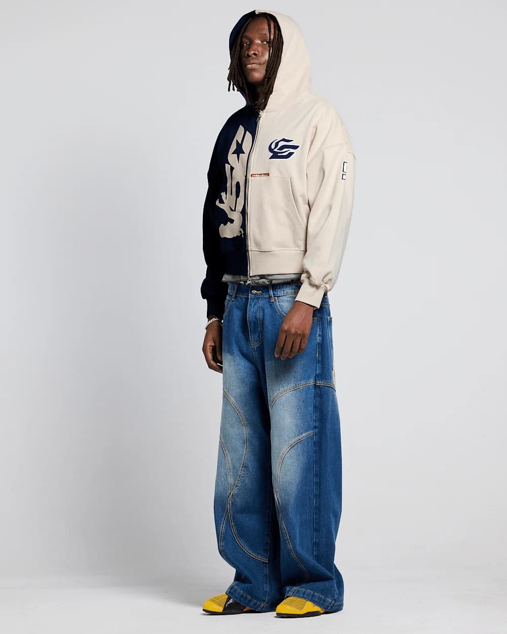 OUTLAW MOOD ZIP HOODIE IVORY GREY & DARK BLUE 4