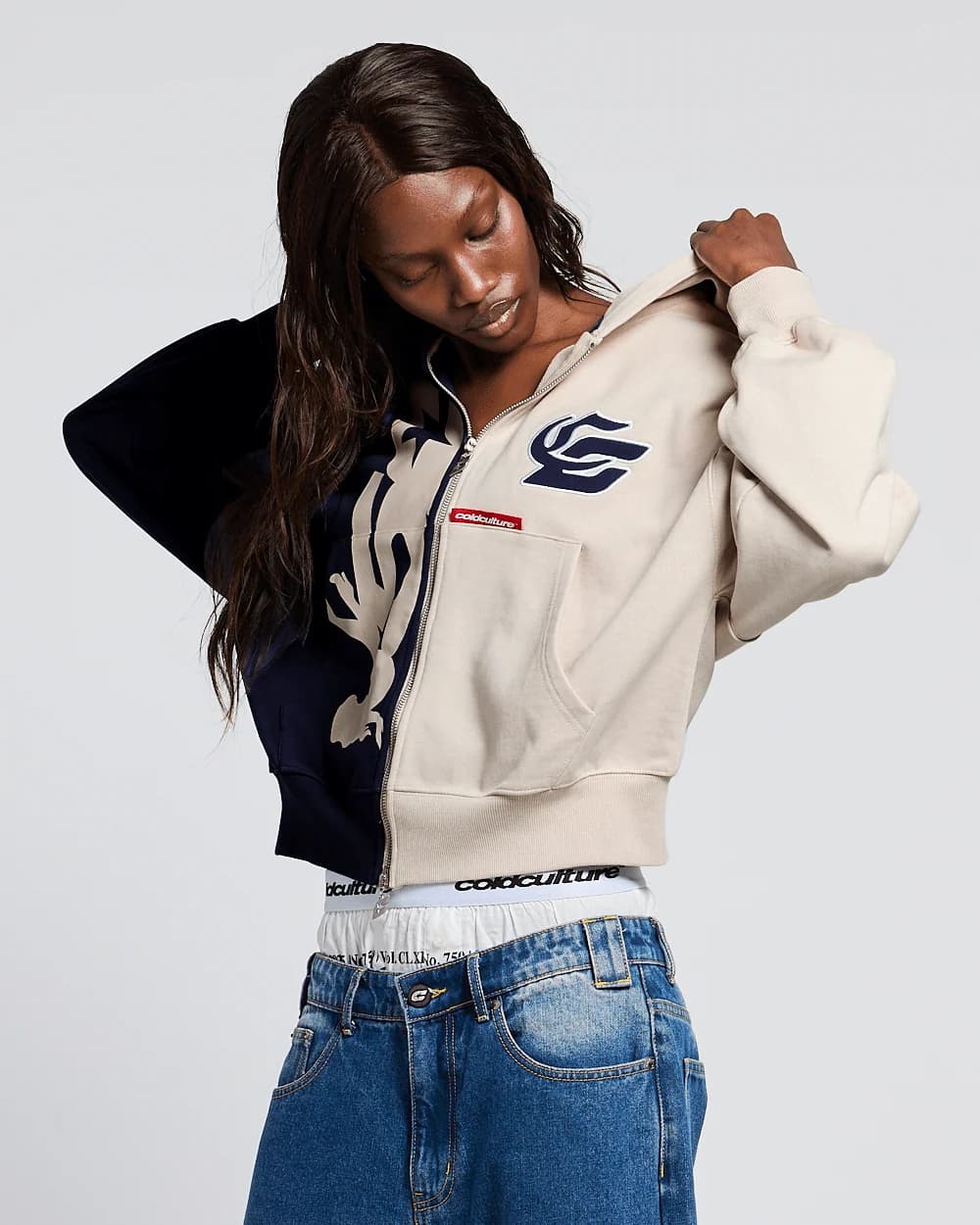 OUTLAW MOOD ZIP HOODIE IVORY GREY & DARK BLUE 5