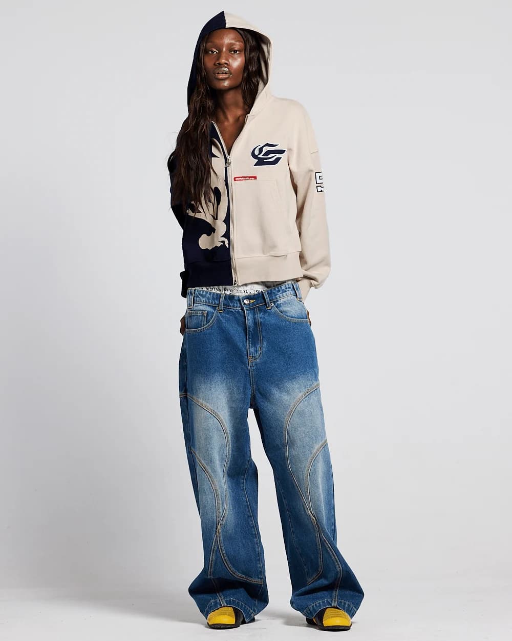 OUTLAW MOOD ZIP HOODIE IVORY GREY & DARK BLUE 6