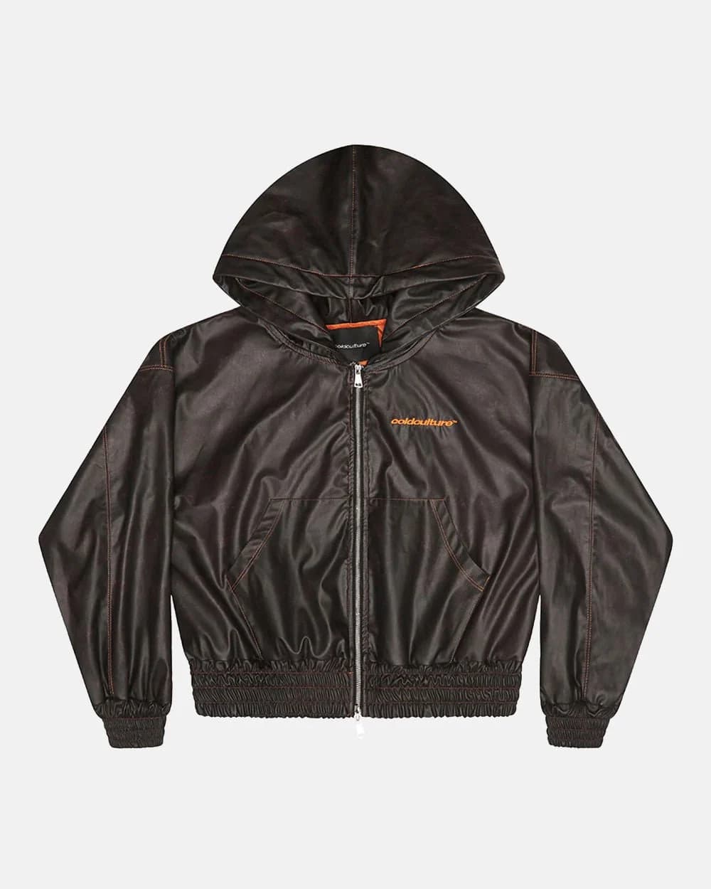 FAUX LEATHER ZIP HOODIE BROWN 3