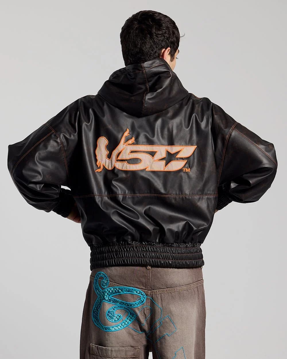 FAUX LEATHER ZIP HOODIE BROWN 2