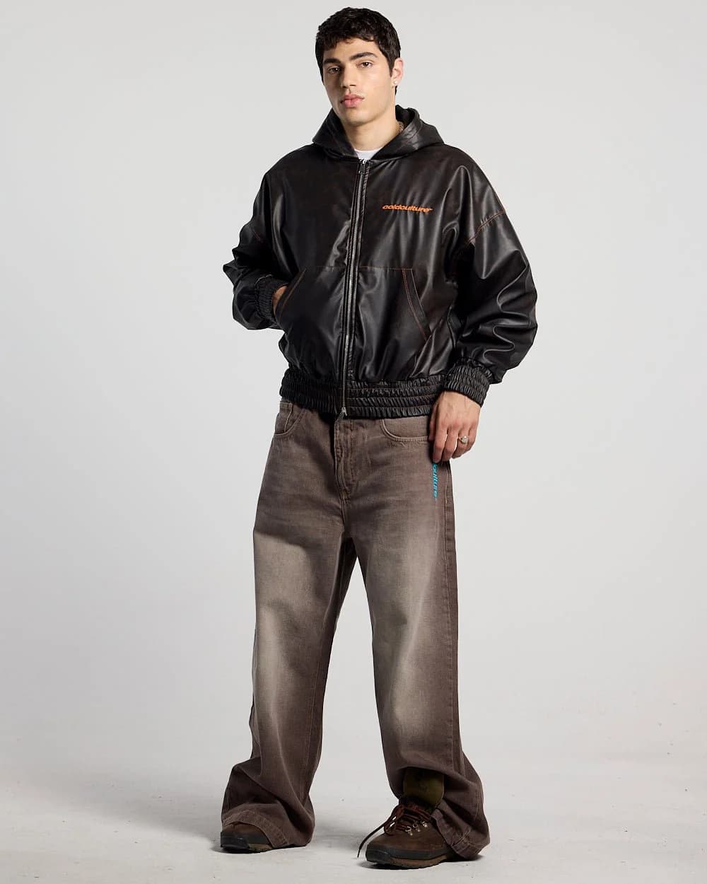FAUX LEATHER ZIP HOODIE BROWN 4