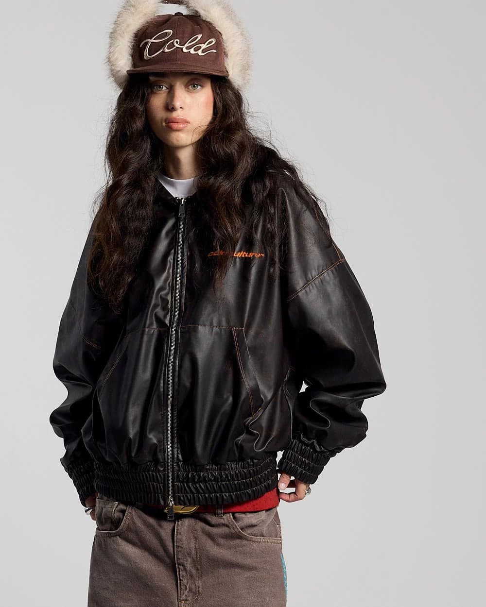FAUX LEATHER ZIP HOODIE BROWN 6