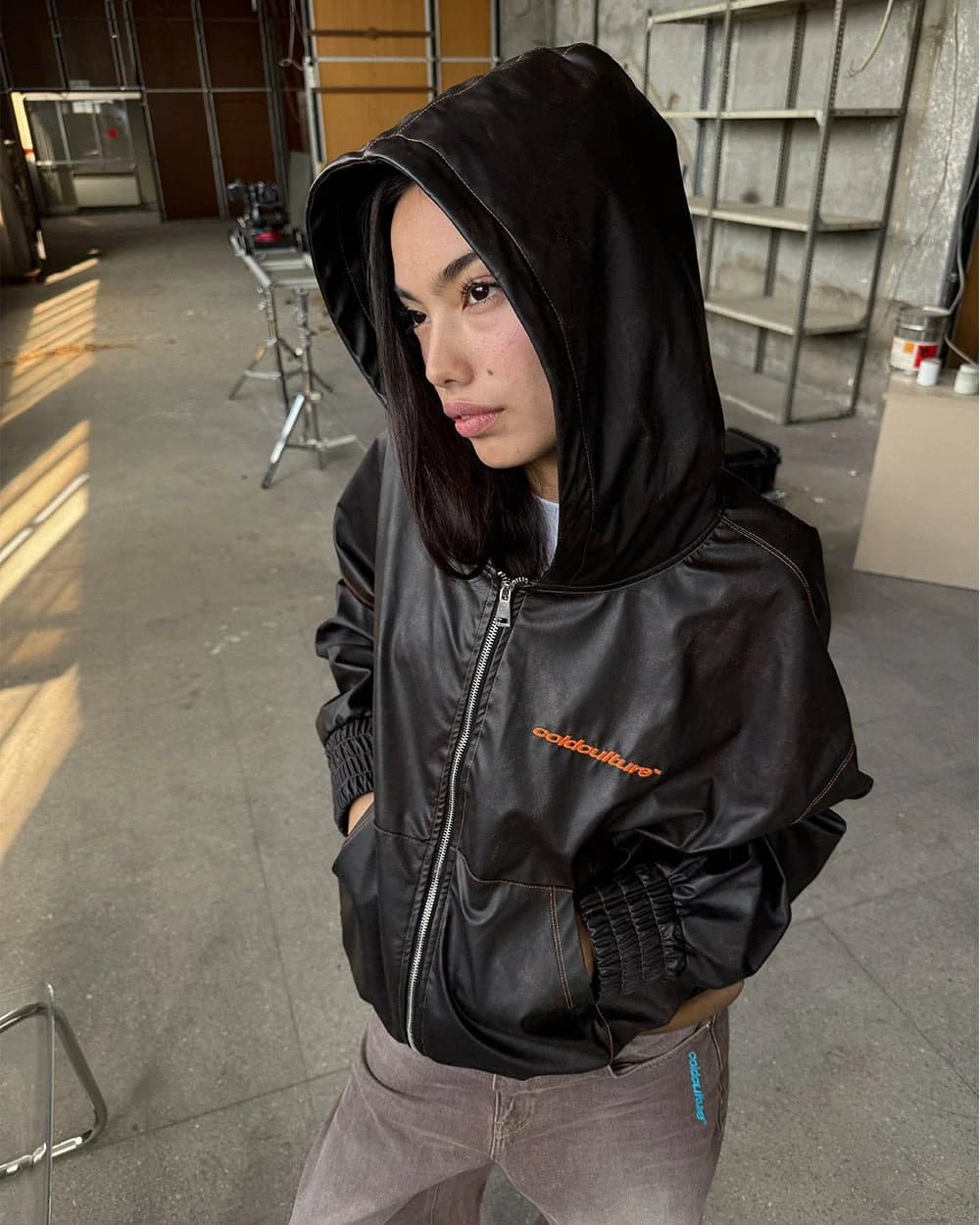 FAUX LEATHER ZIP HOODIE BROWN 7