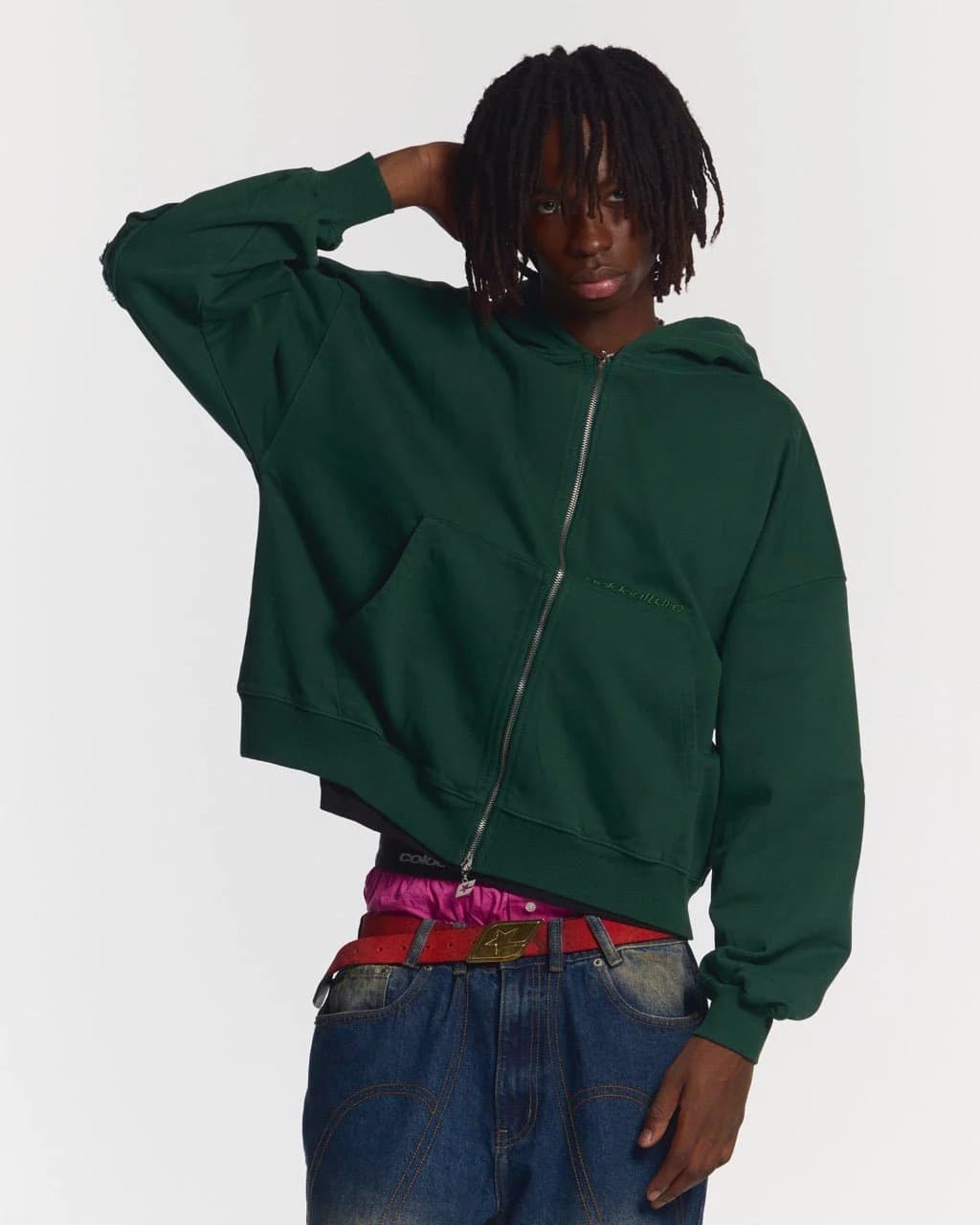 DISTRESS CURVED ZIP HOODIE GREEN 4