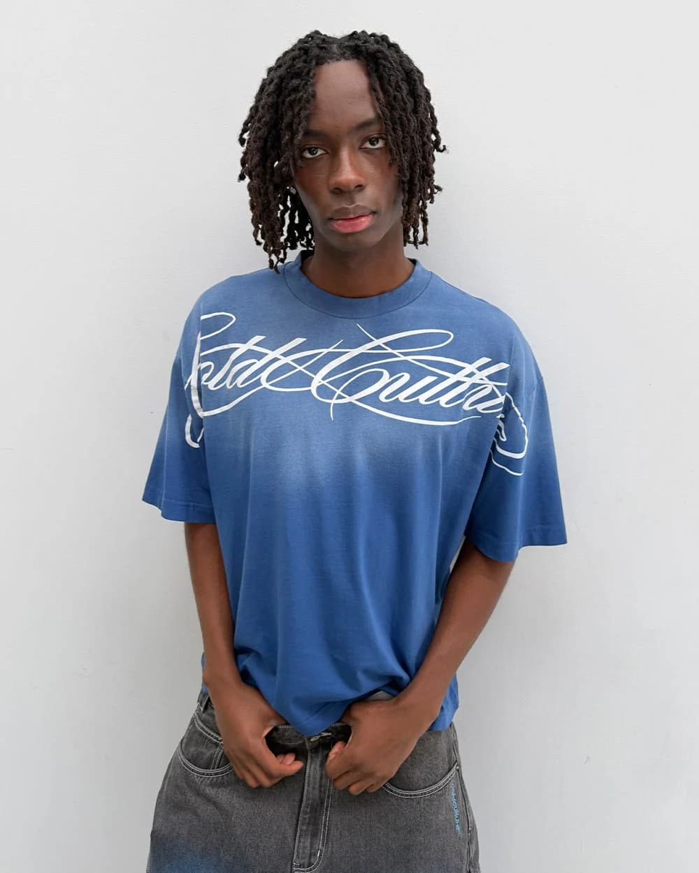 CROSSED SCRIPT TEE BLUE 2