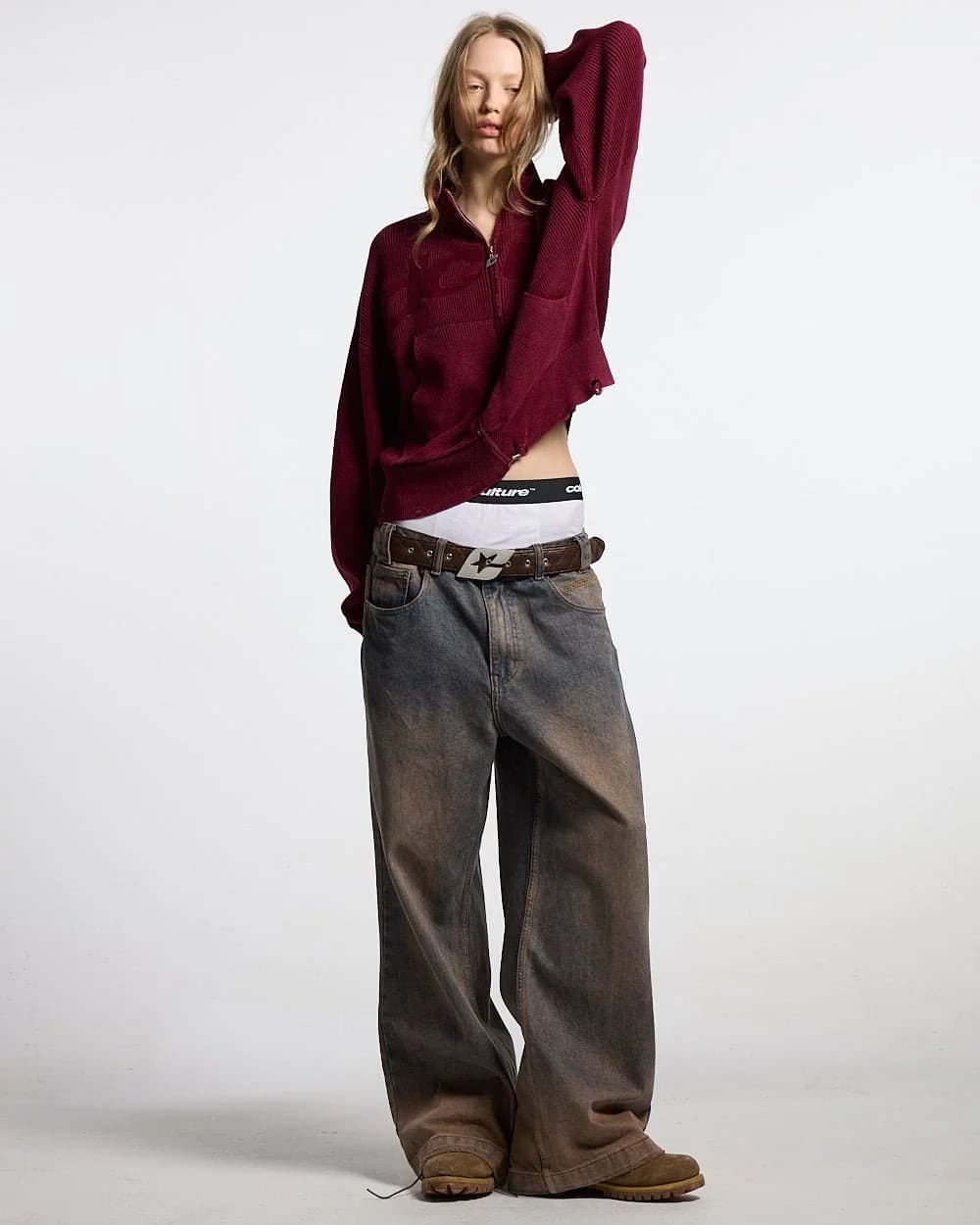 DISTRESS CURVED ZIP KNIT BURGUNDY 5