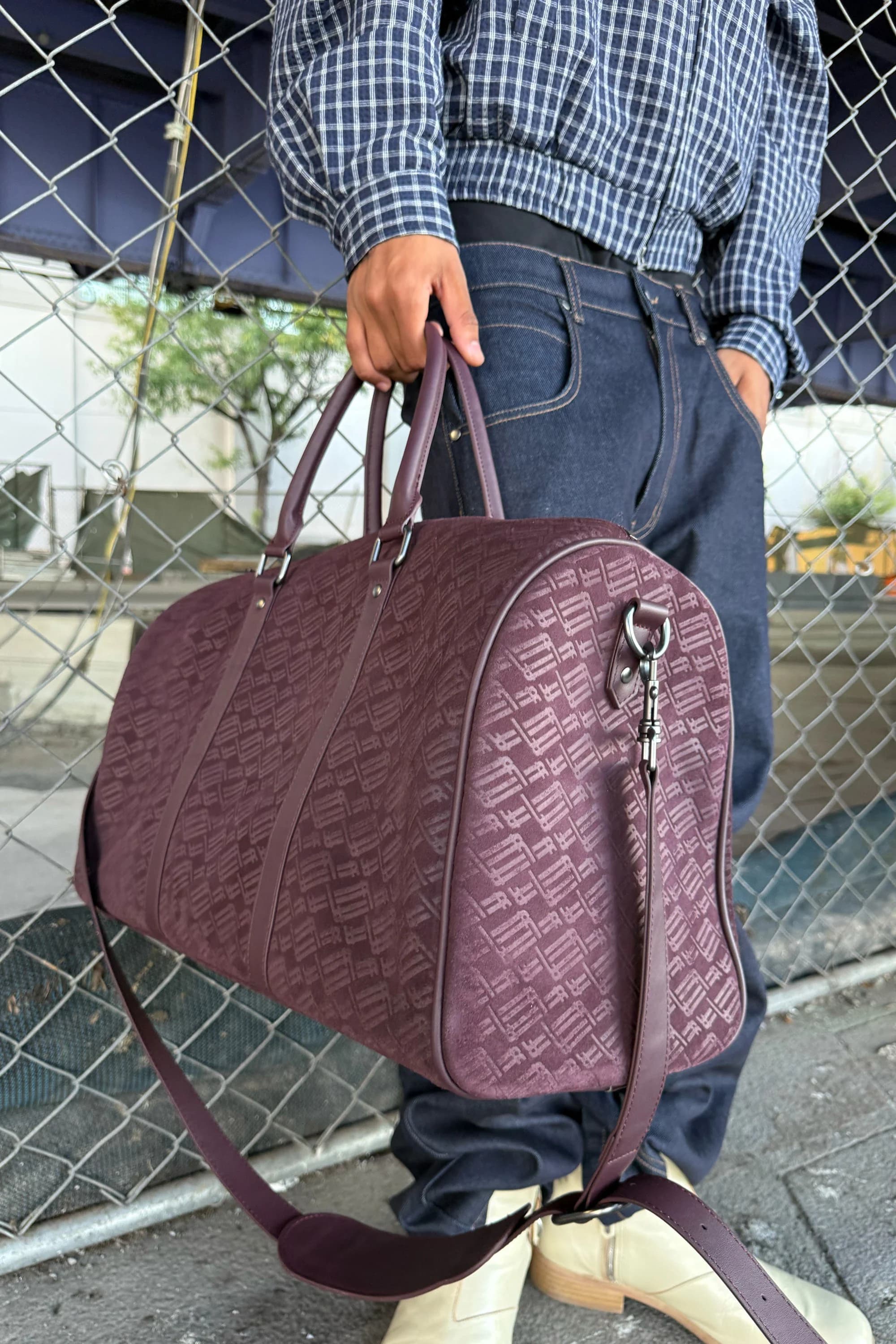 Monogram Burgundy Suede Duffle Bag 8